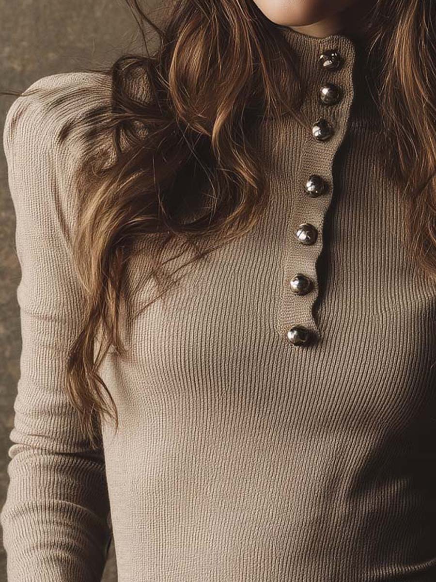Vintage-Inspired Knit Top With Decorative Metal Buttons