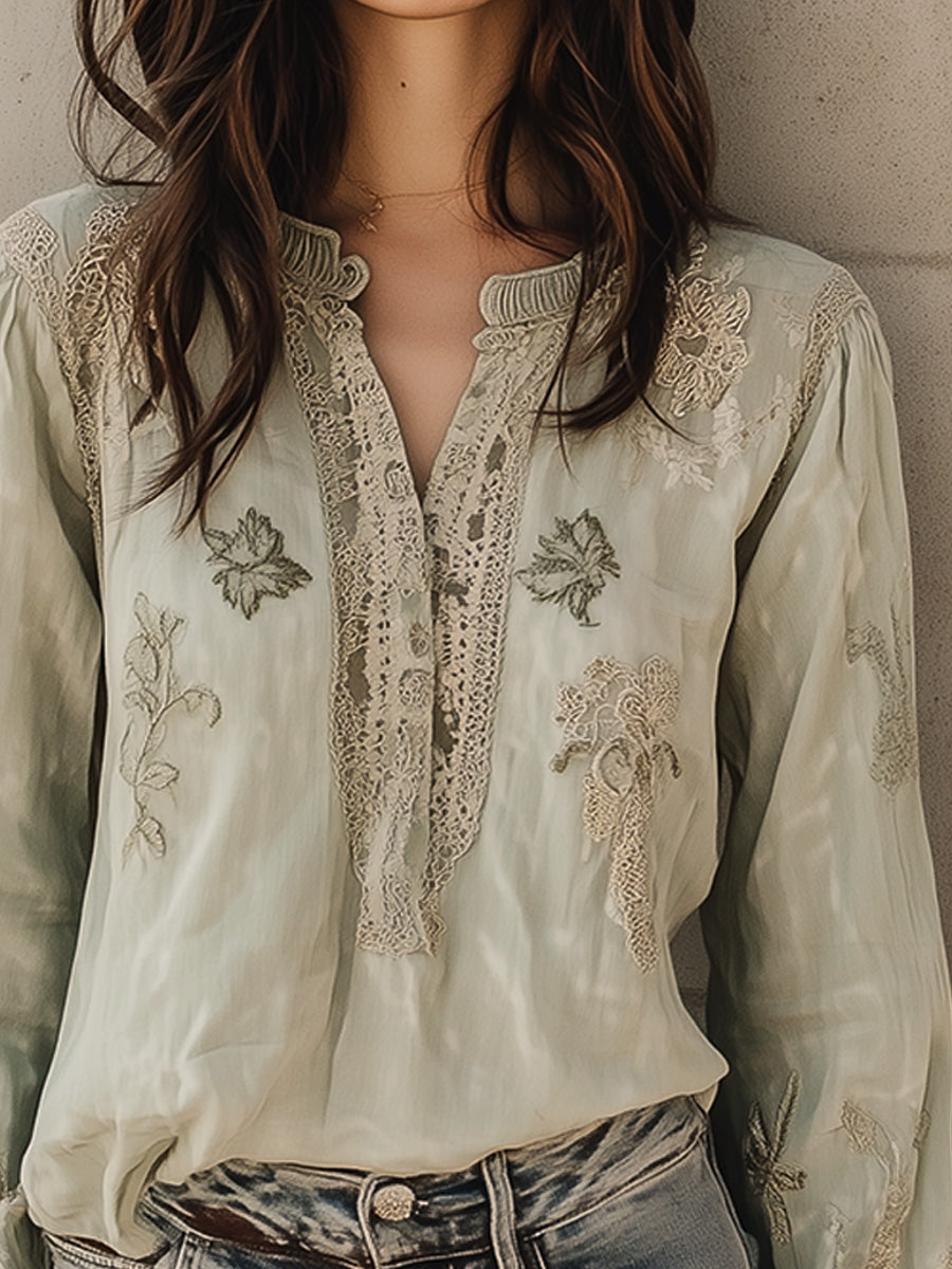 Vintage Green Cotton and Linen Embroidered Henley Collar Shirt