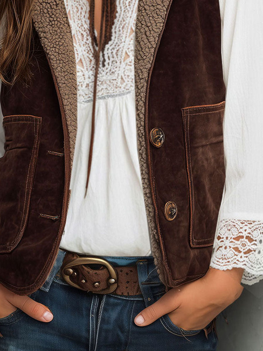 Vintage Western Brown Microsuede Waistcoat With Sherpa Lining Vintage Western Brown Microsuede Waistcoat With Sherpa Lining