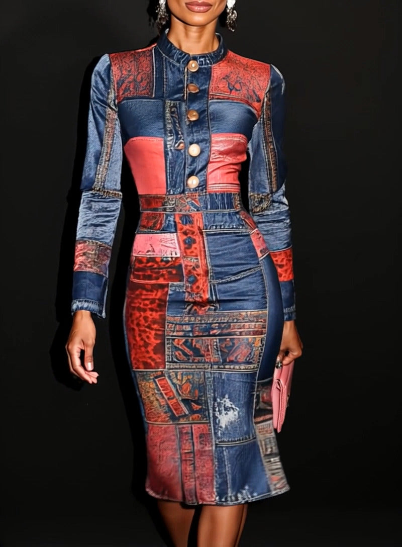 Chic Patchwork Bodycon Midi Dress