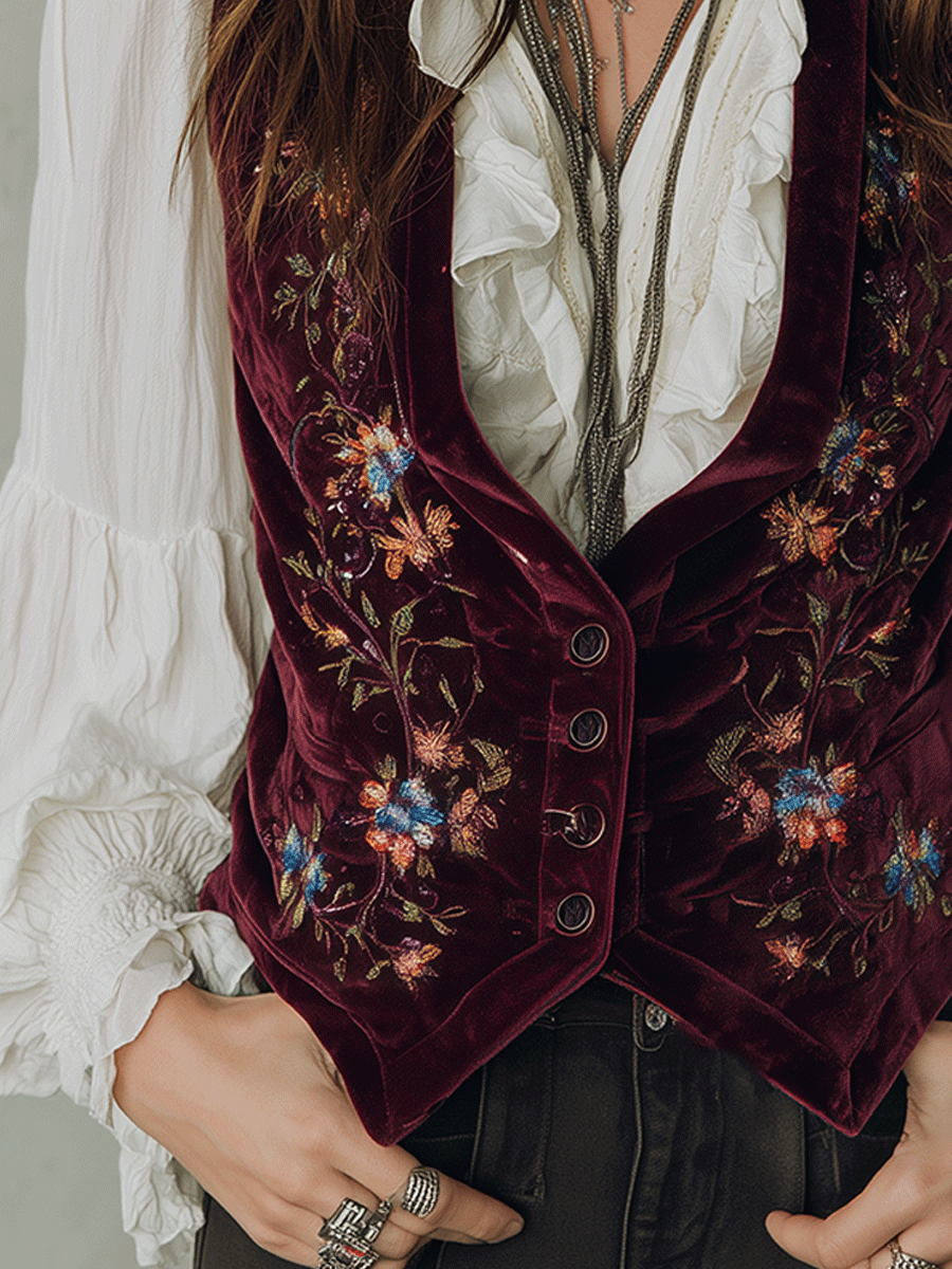 Burgundy Embroidered Velvet Vest Burgundy Embroidered Velvet Vest