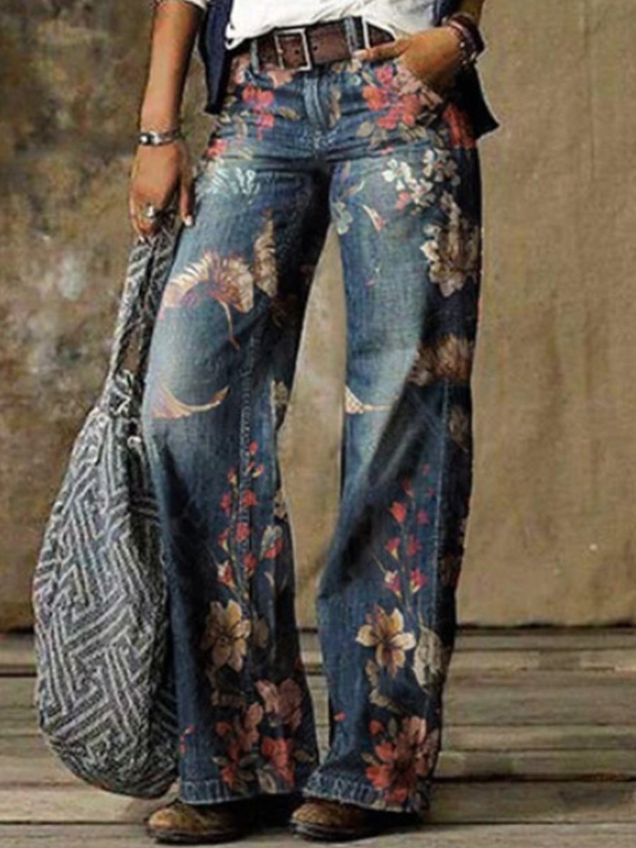 Retro Fashion Printed Casual Wide-Leg Jeans
