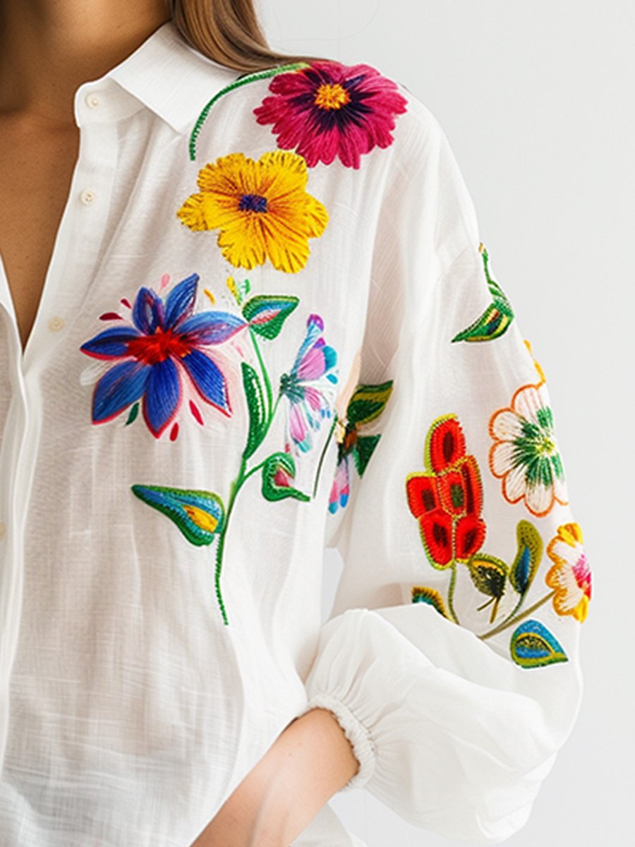 (sale)White Embroidered Cotton and Linen Long Sleeve Blouse