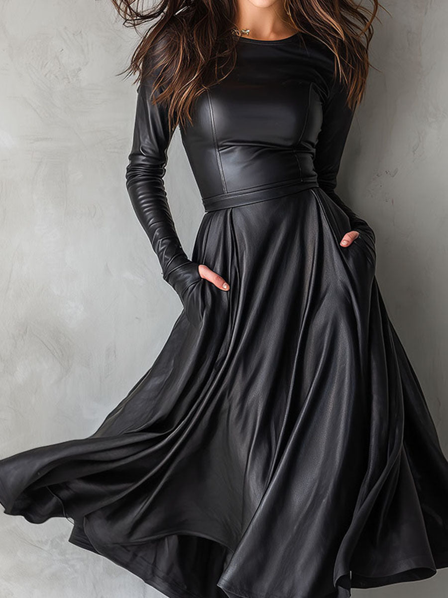 Elegant Black Eco Leather Fit And Flare Midi Dress With Pockets
