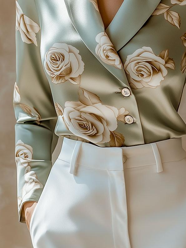 (sale)Elegant Lapel Rose Pattern Side Button Down Satin Shirt