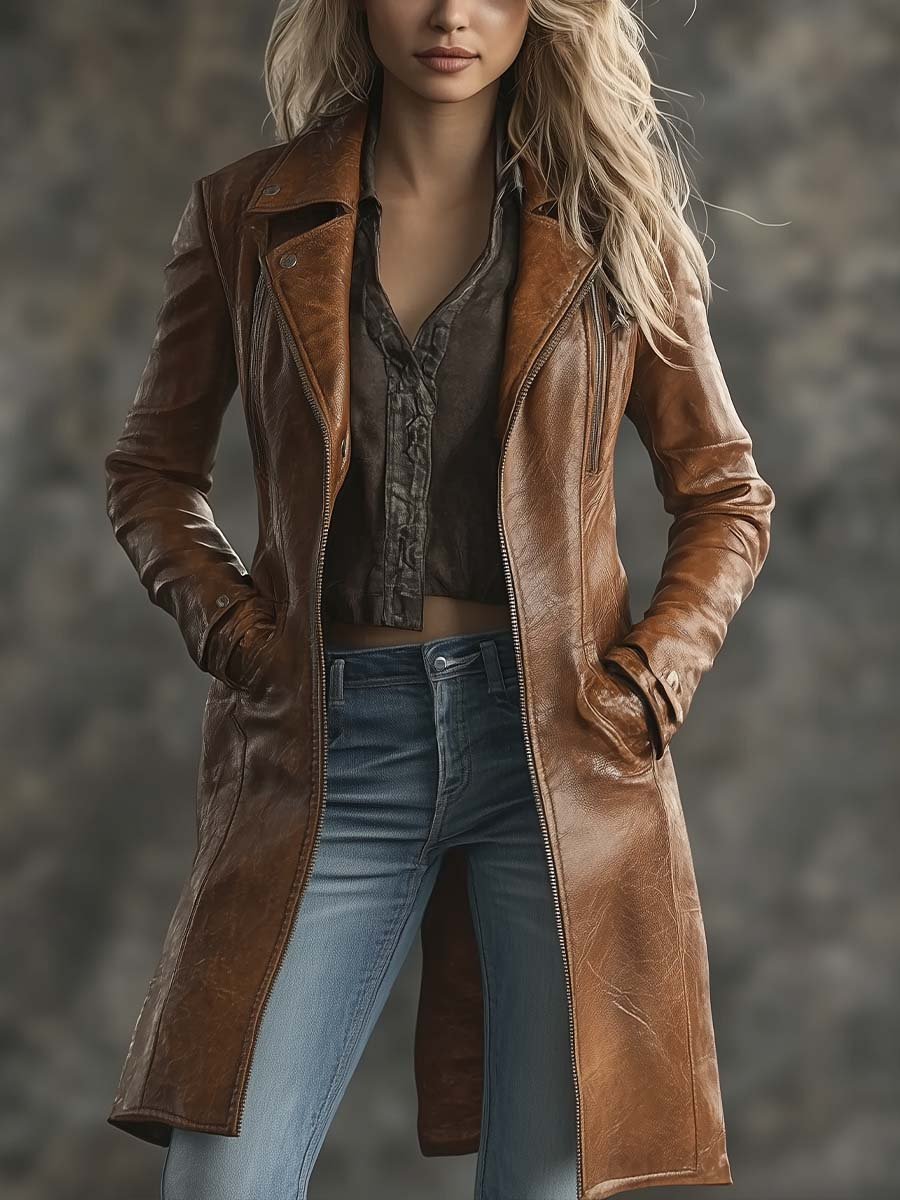 Women's Vintage Contrast Zipper Faux Leather Jacket