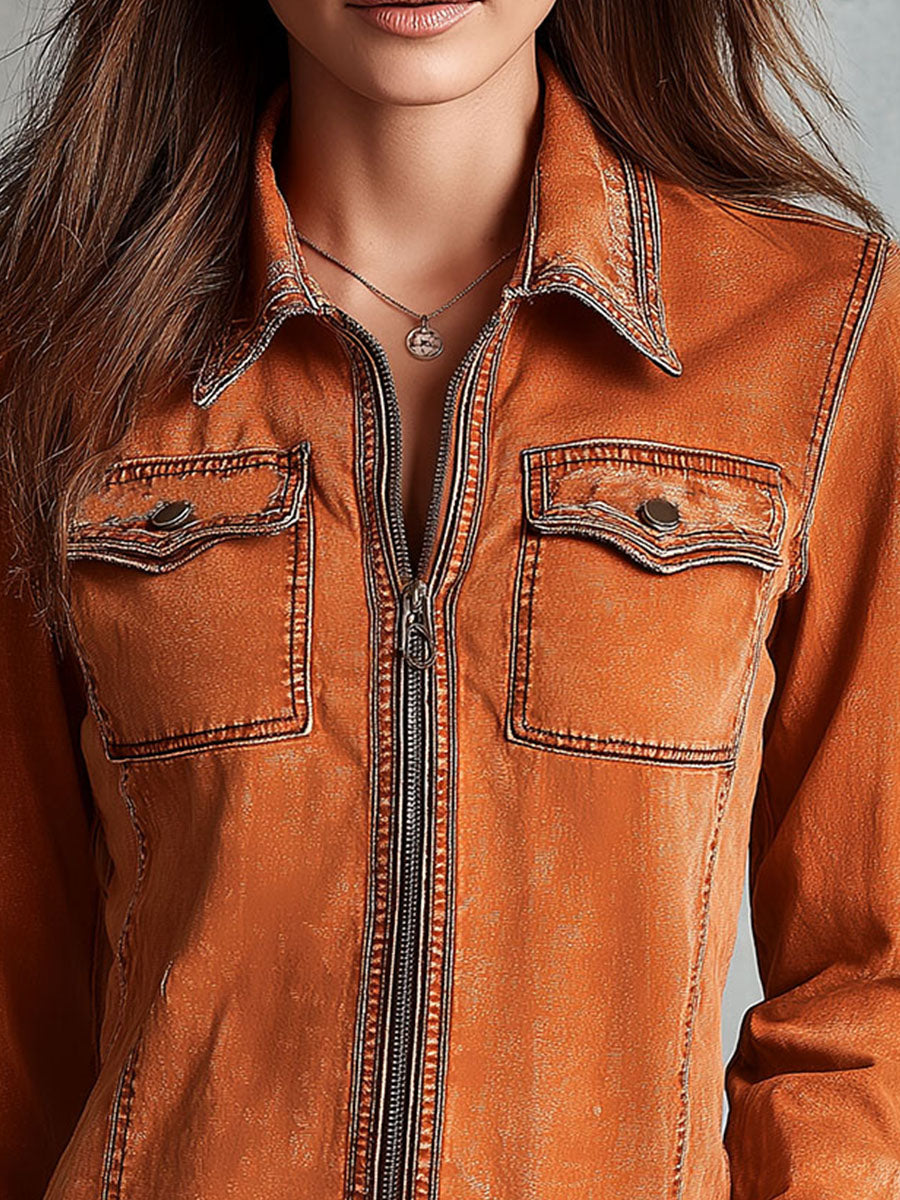 Vintage Burnt Orange Utility Zip Denim Jacket