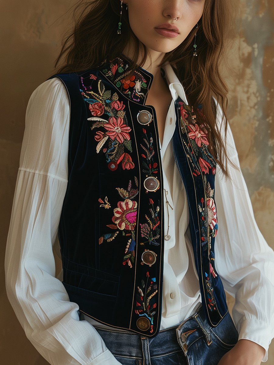 Vintage Velvet Floral Embroidery Stand Collar Waistcoat