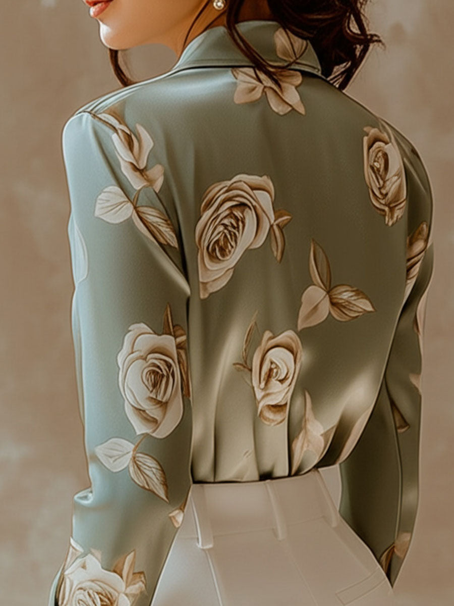 (sale)Elegant Lapel Rose Pattern Side Button Down Satin Shirt