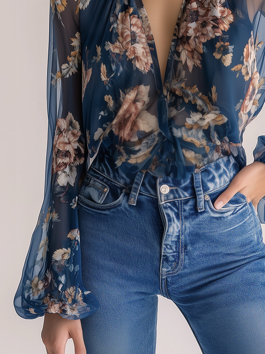 Elegant Bohemian Navy Floral Shirt