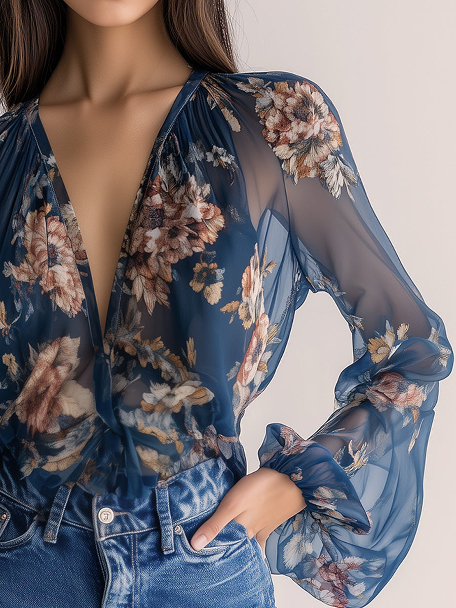 Elegant Bohemian Navy Floral Shirt