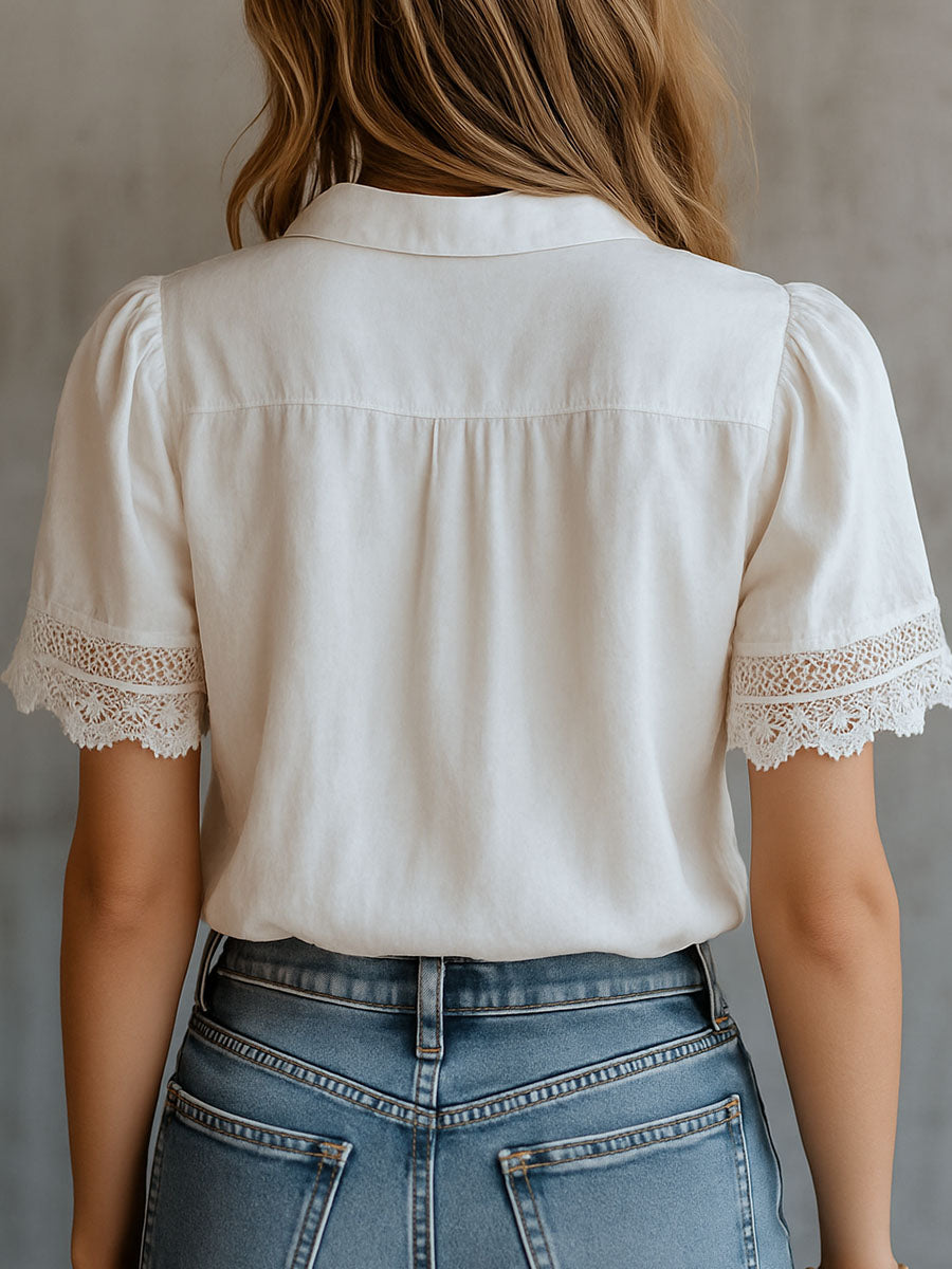 Vintage-Inspired Lace Trim White Blouse