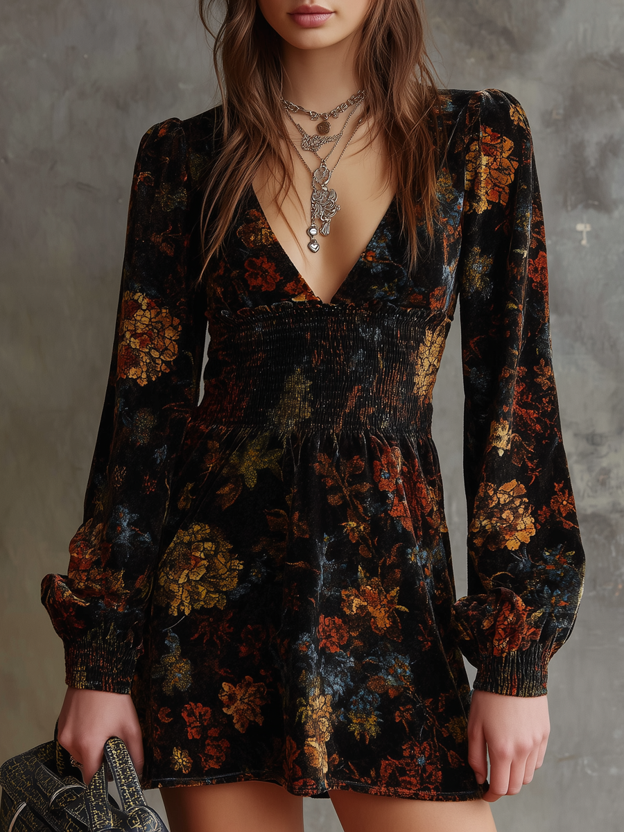 Retro Floral Print Pleated Waist Velvet Mini Dress