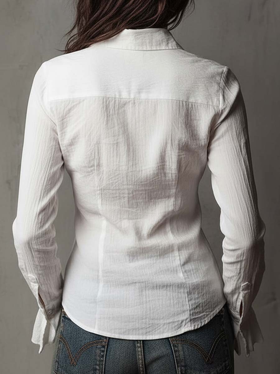 Vintage-Inspired White Button-Up Ruffle Cuff Shirt