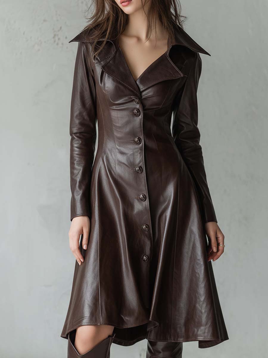 Vintage Brown Leather A-Line Midi Dress