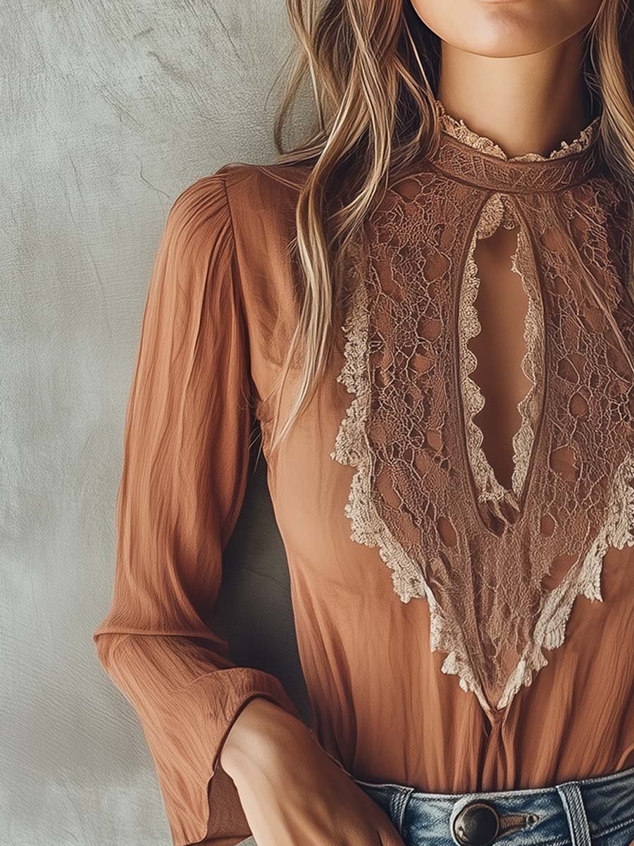 (sale)Elegant Keyhole Lace-Accent Blouse in Warm Cinnamon