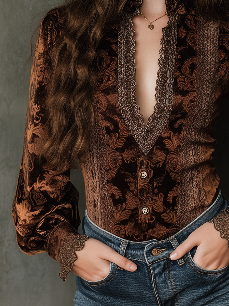 Vintage Printed Lace Trim Poly Velvet Blouse