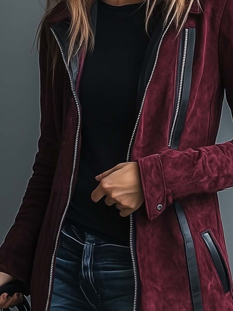 Women's Vintage Burgundy Leather Patchwork Suede Jacket