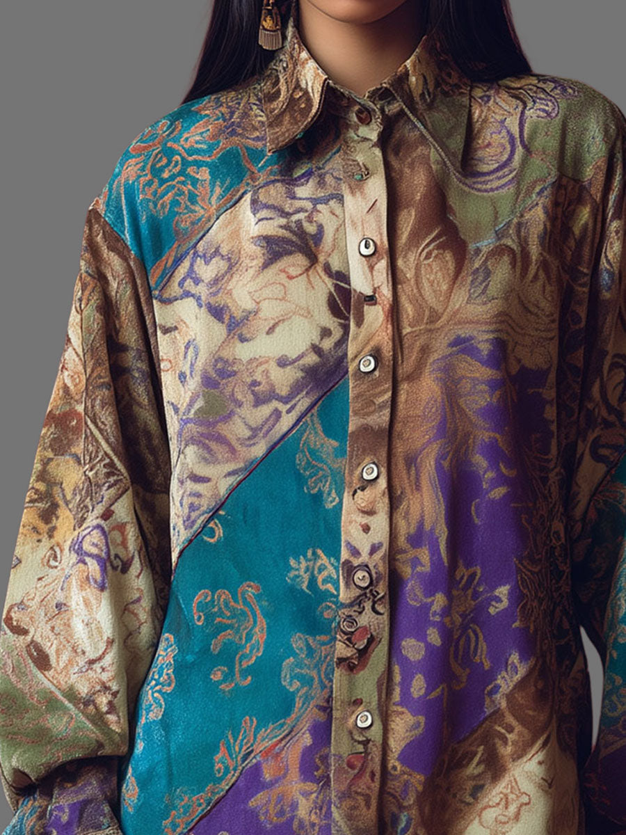 Retro Multicolor Baroque Floral Print Oversized Button-Down Shirt