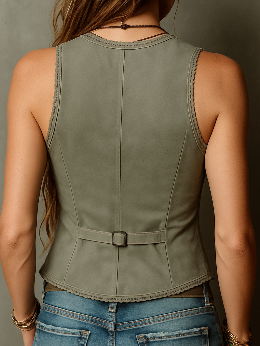 Olive Suede Boho Embroidered Corset Vest With Lace Trim