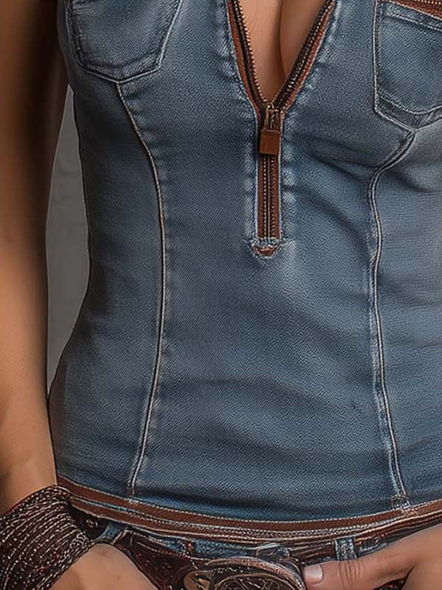 Front Zipper With Vintage Stitching Skinny Denim Top