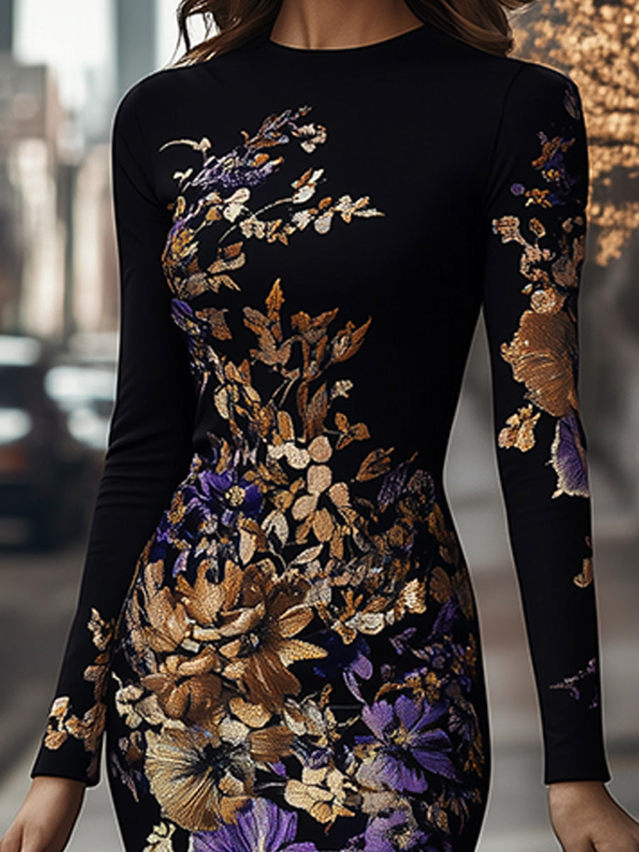 (clearance)Elegant Round Neck Floral Long Sleeve Bodycon Dress