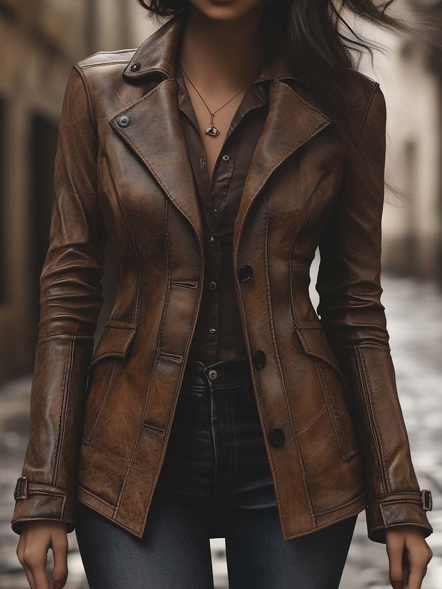 Women's Vintage Lapel Pocket Faux Leather Jacket
