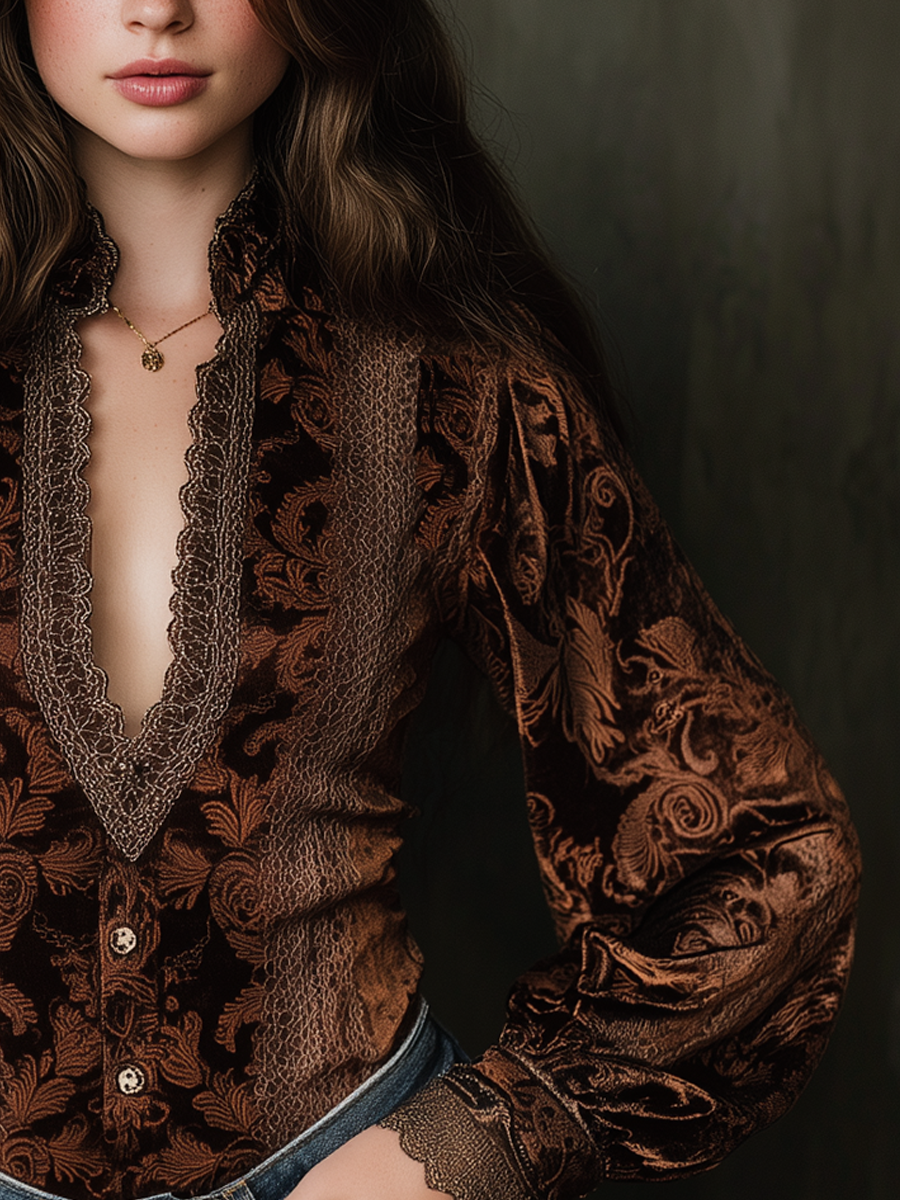 Vintage Printed Lace Trim Poly Velvet Blouse