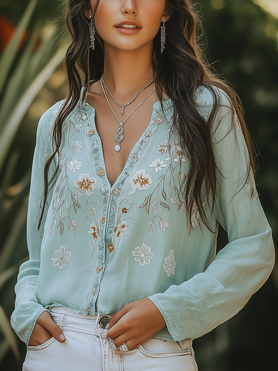 Soft And Casual Bohemian Style Embroidered Shirt