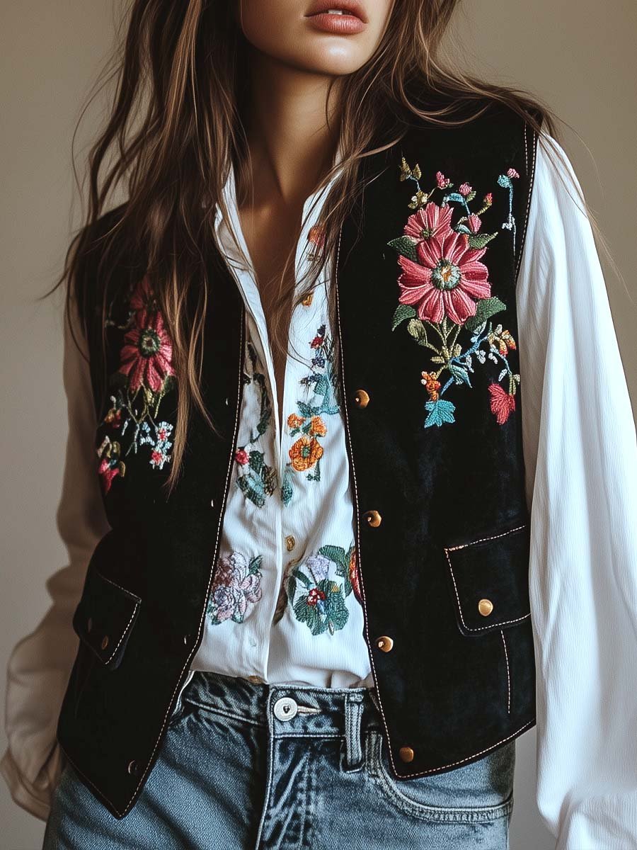 (sale)Women's Velvet Colorful Floral Embroidered Vest