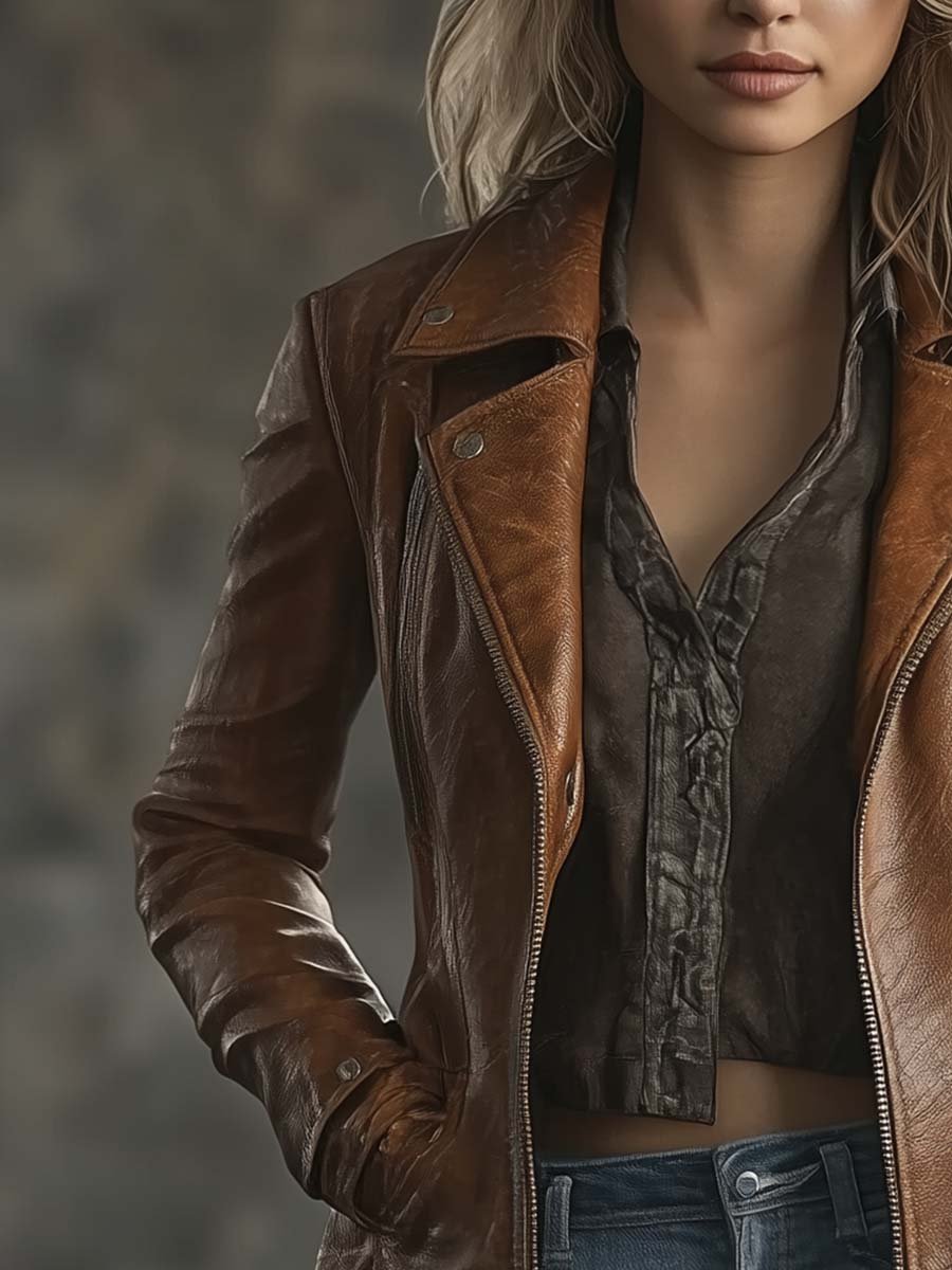 Women's Vintage Contrast Zipper Faux Leather Jacket