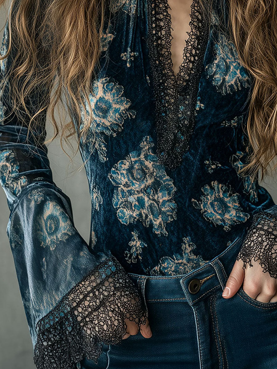 Retro Blue Floral  Velvet Lace Blouse With Bell Sleeves