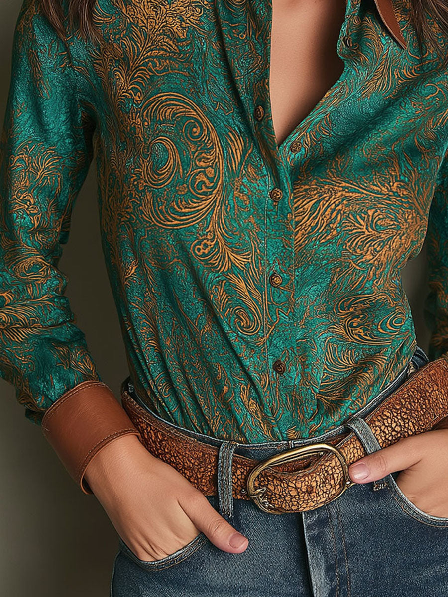 Vintage Green Baroque Print Leather Collar & Cuffs Shirt