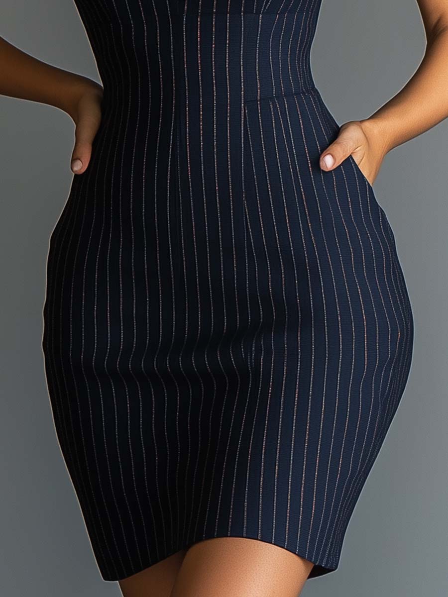 (sale)Halter Pinstripe V - neck Bodycon Dress
