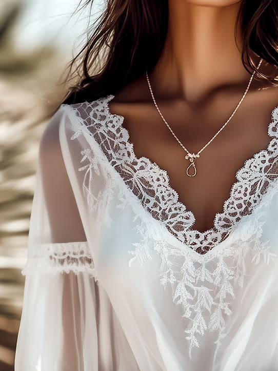 (sale)Romantic Soft White Sheer Lace Trimmed Blouse