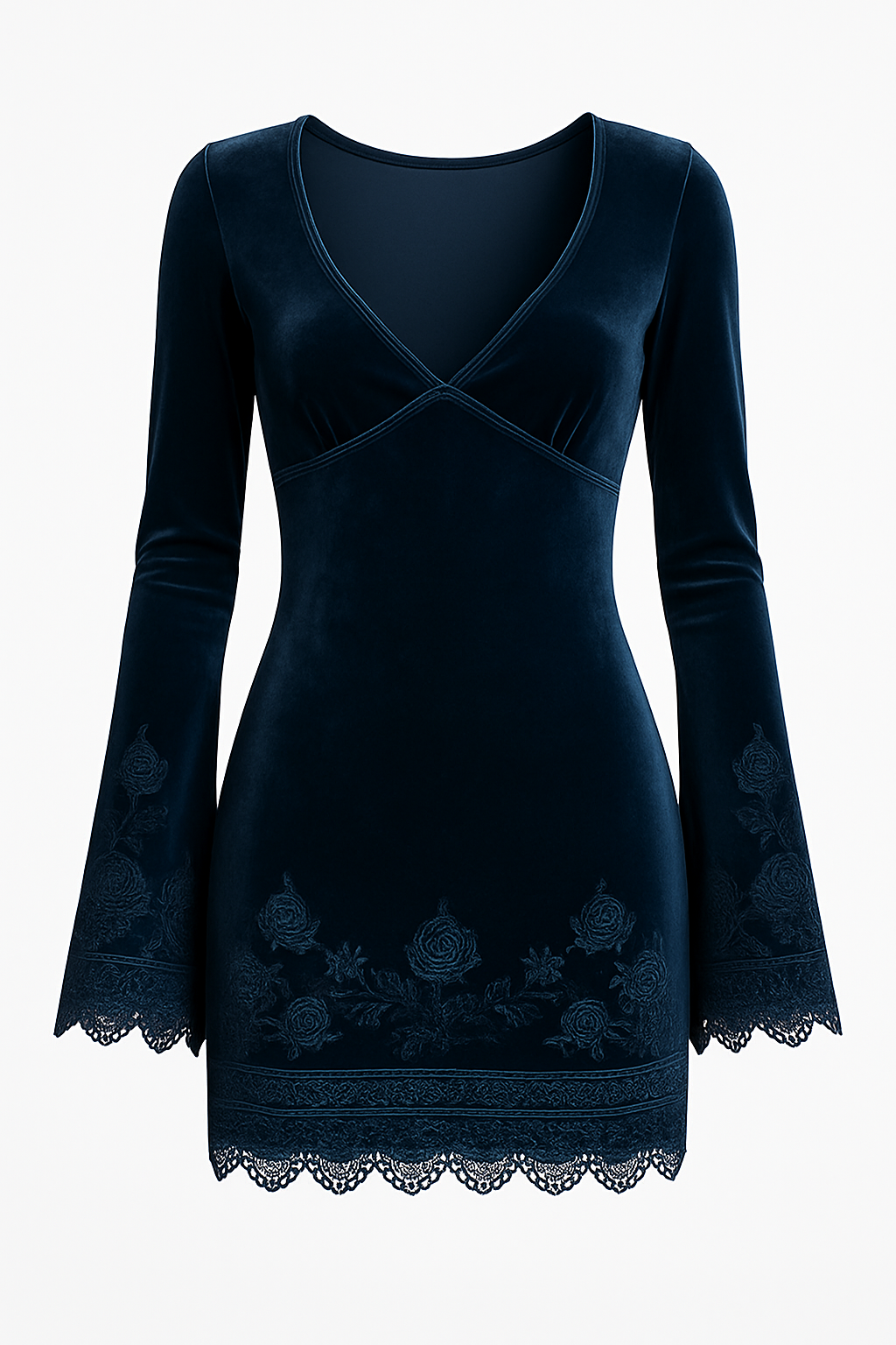 Embroidery Bell Sleeves Velvet Dress With Lace Trim