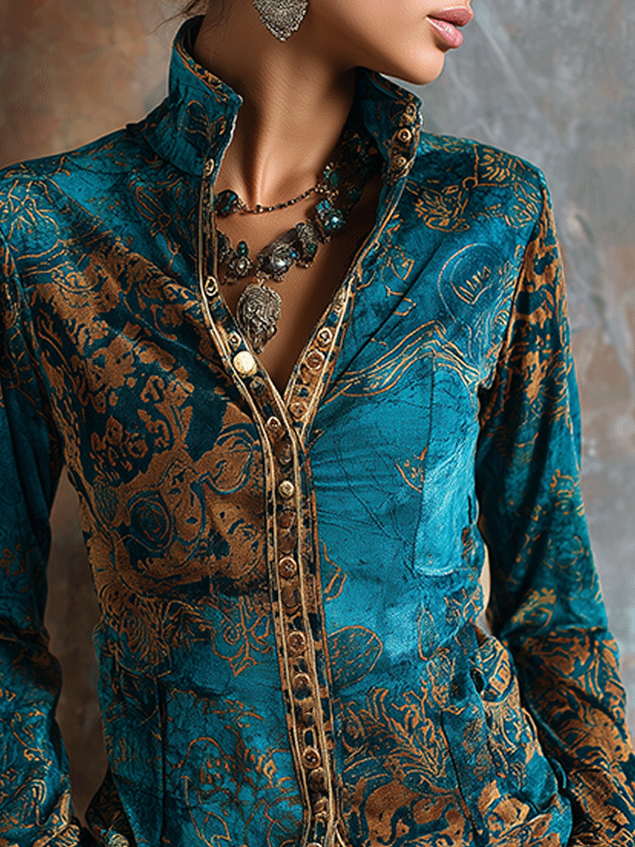 Boho Chic Vintage Peacock Blue Velvet Golden Print Fit Blouse