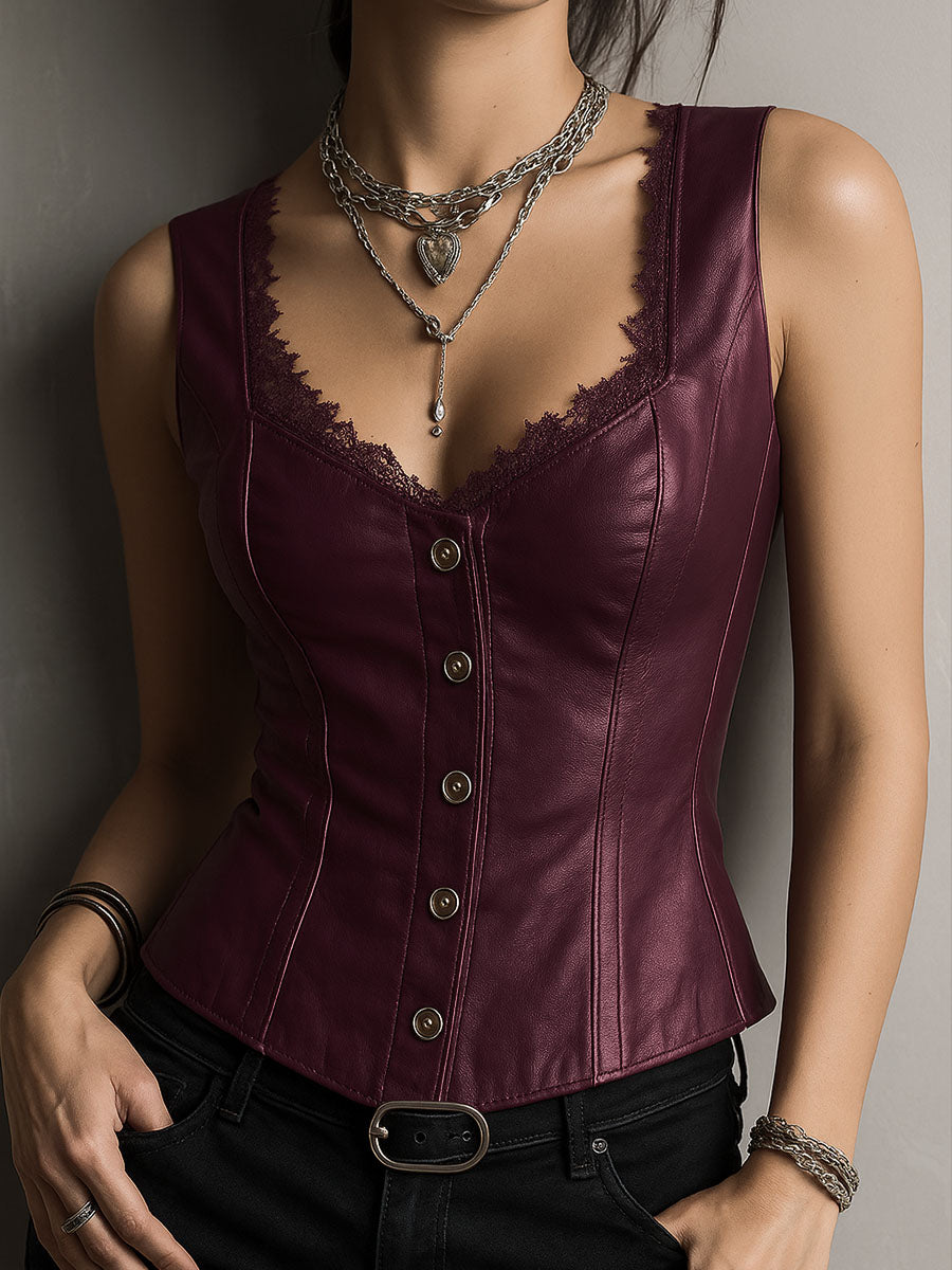 Stylish Black Leather Corset Waistcoat With Lace-Trim