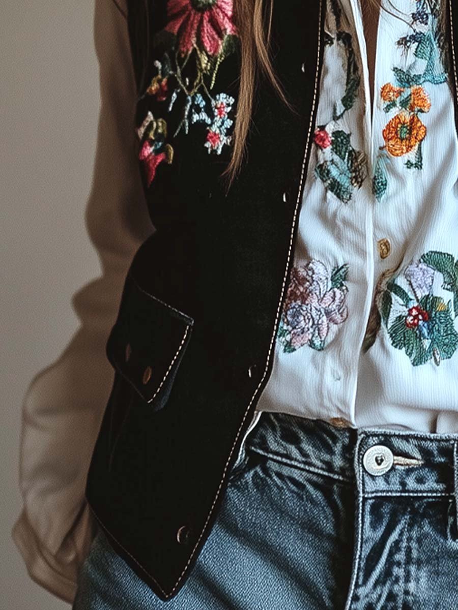 (sale)Women's Velvet Colorful Floral Embroidered Vest