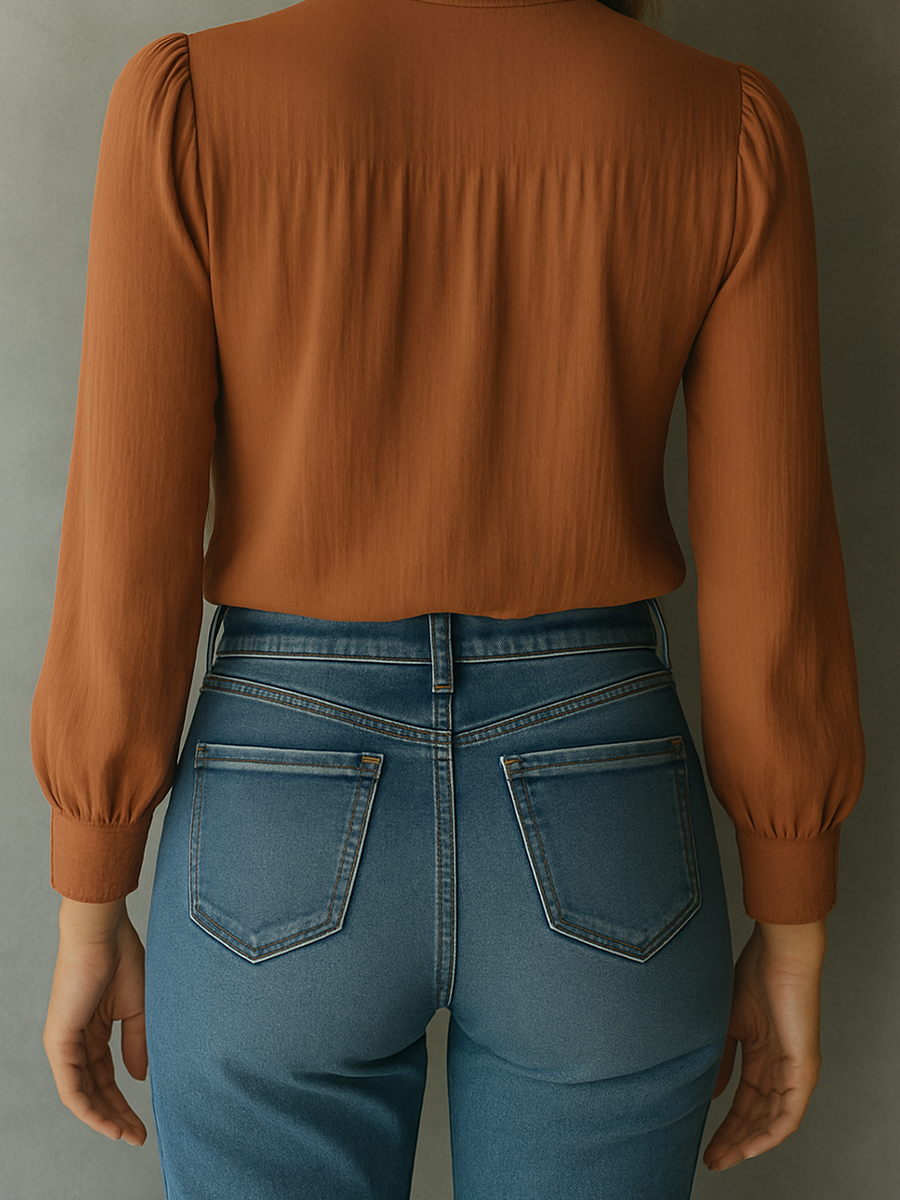 (sale)Elegant Keyhole Lace-Accent Blouse in Warm Cinnamon