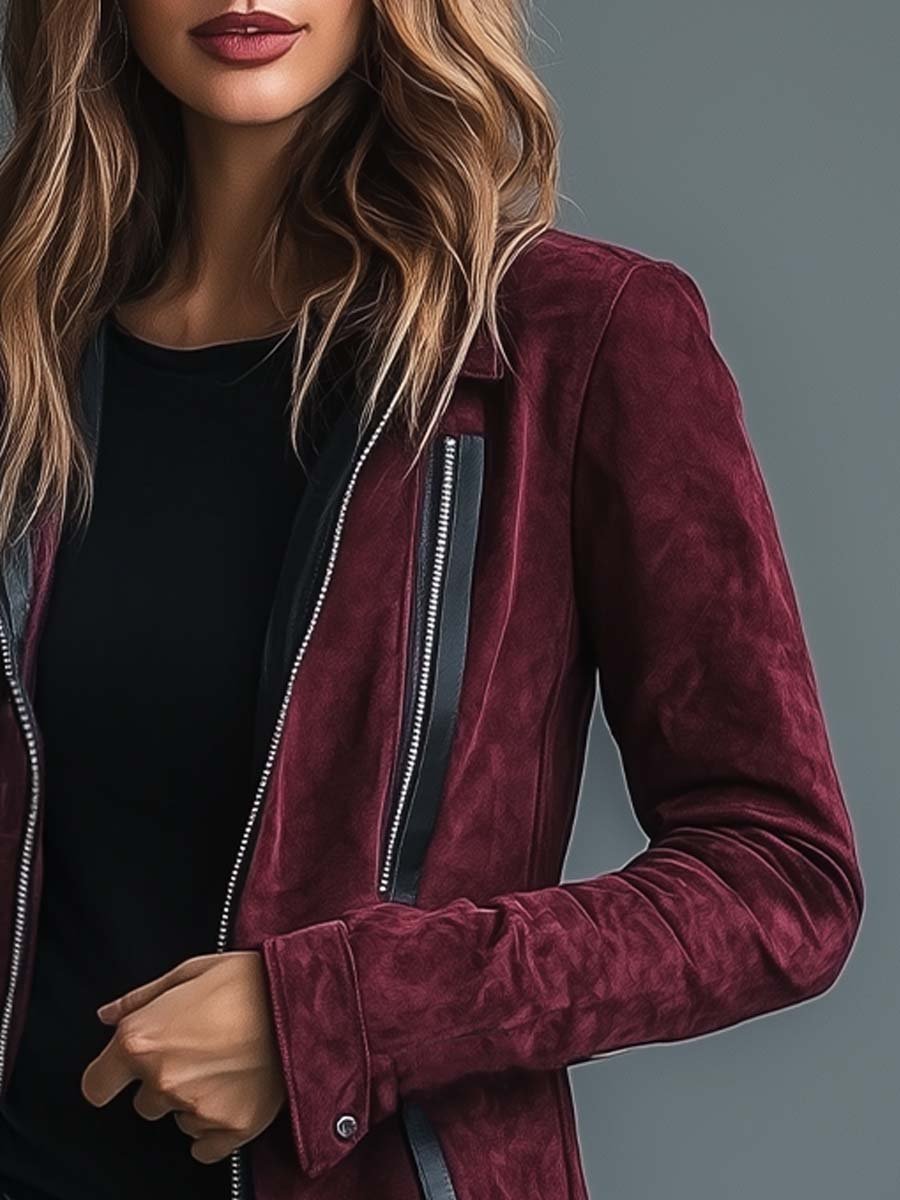 Women's Vintage Burgundy Leather Patchwork Suede Jacket