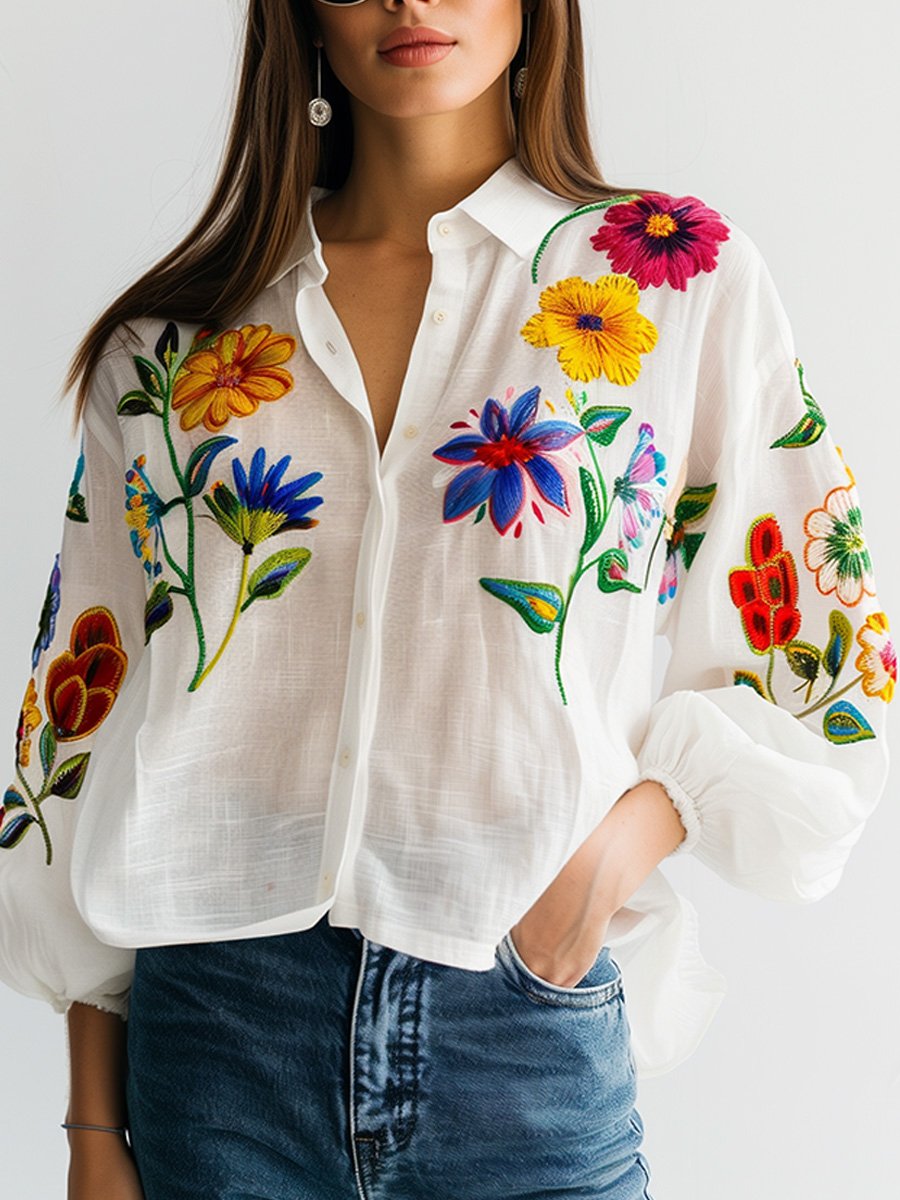 (sale)White Embroidered Cotton and Linen Long Sleeve Blouse