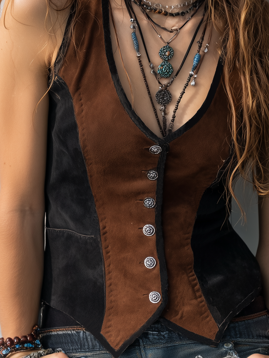 Vintage Contrast Trim Suede Vest