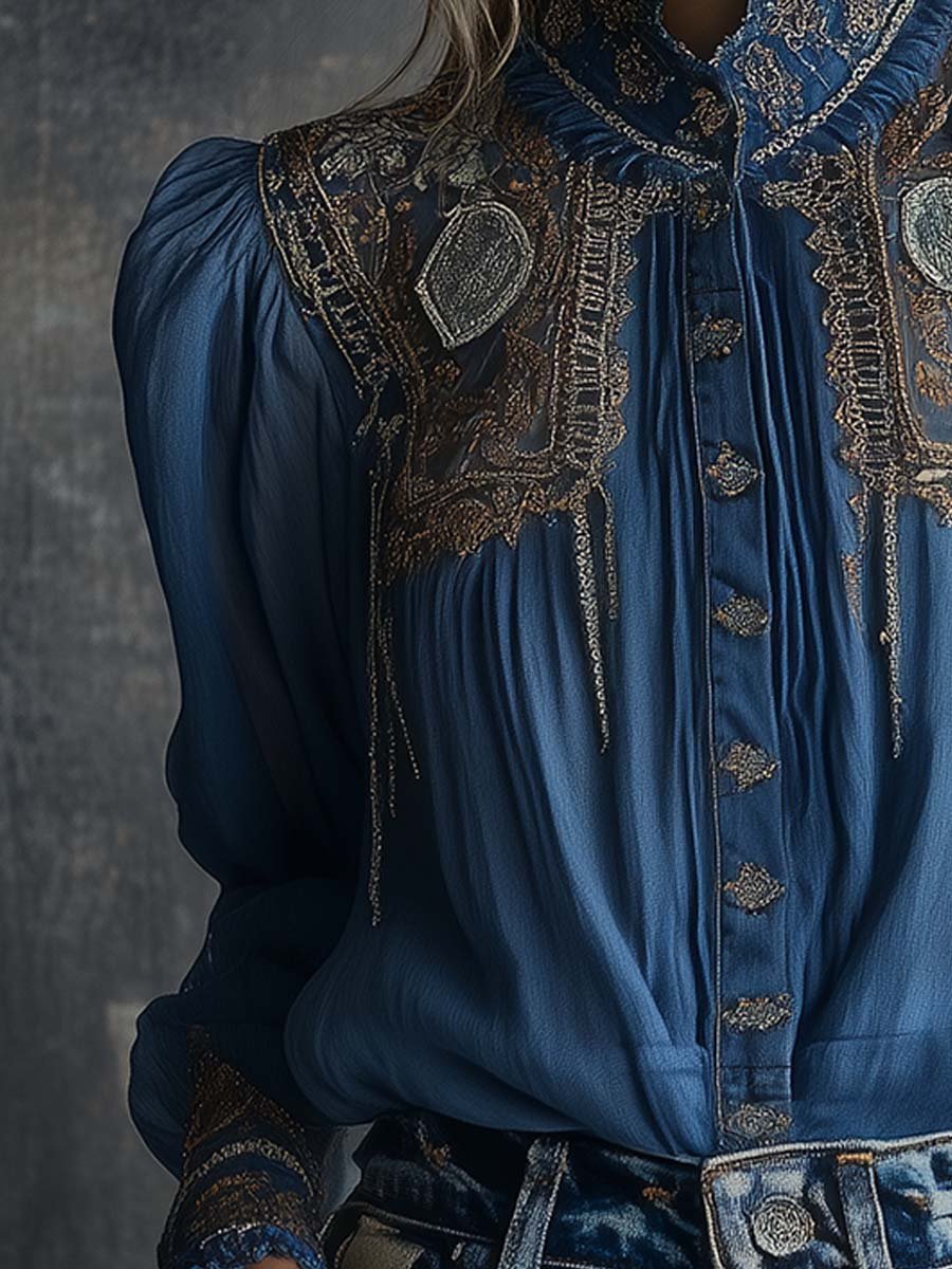 (sale)Regal Charm Embroidered Blue Lace Blouse
