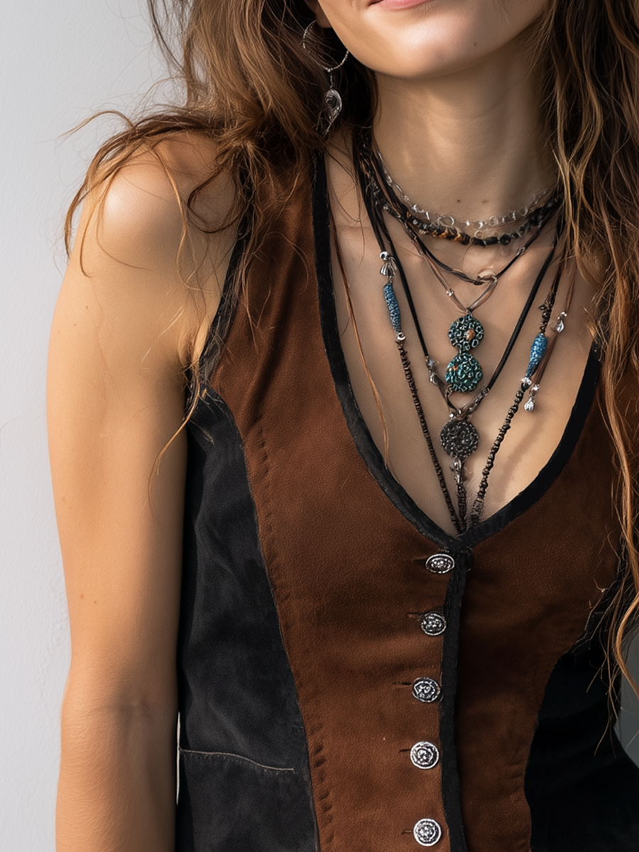 Vintage Contrast Trim Suede Vest