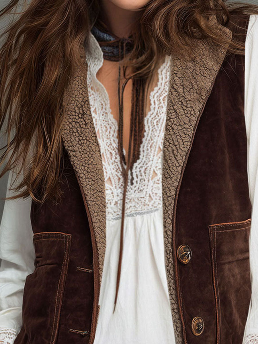 Vintage Western Brown Microsuede Waistcoat With Sherpa Lining Vintage Western Brown Microsuede Waistcoat With Sherpa Lining