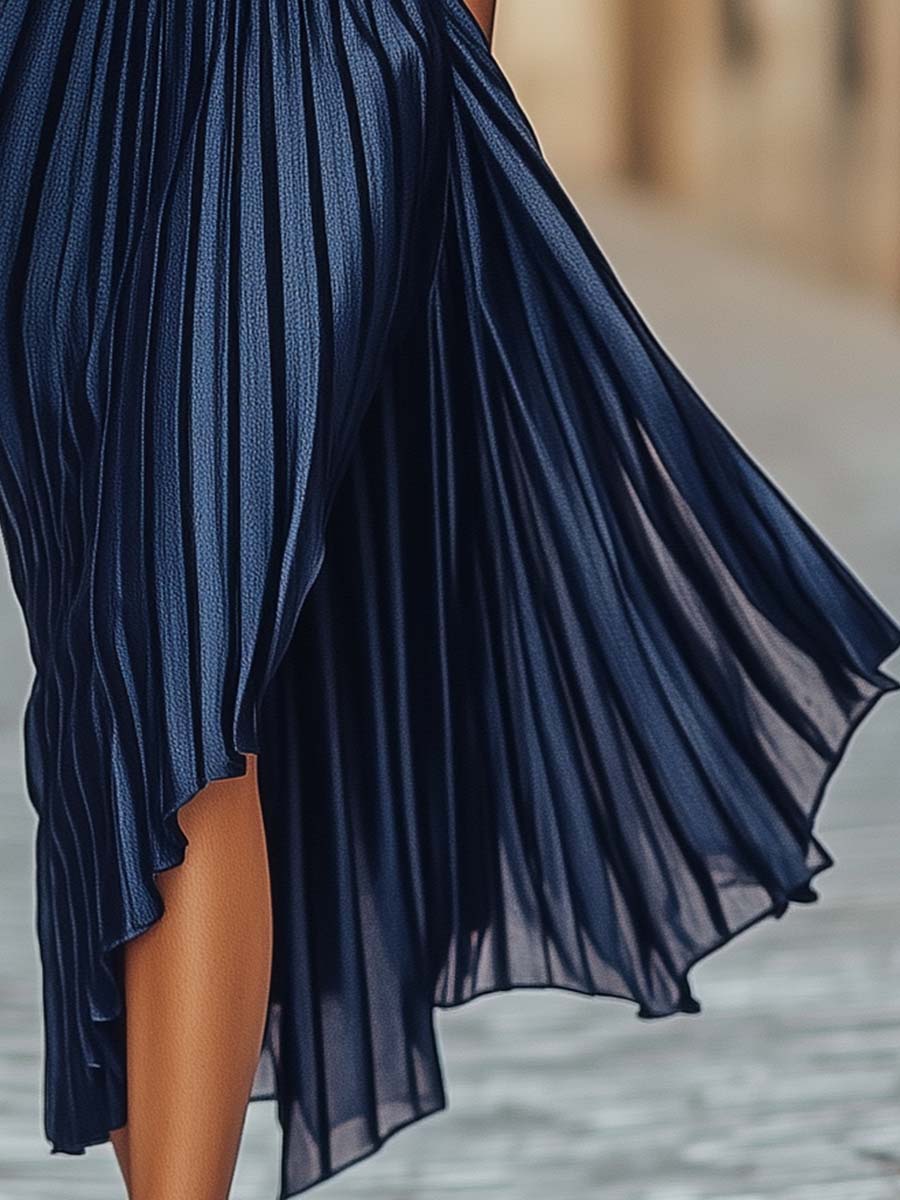 Elegant one-shoulder dark blue pleated dress
