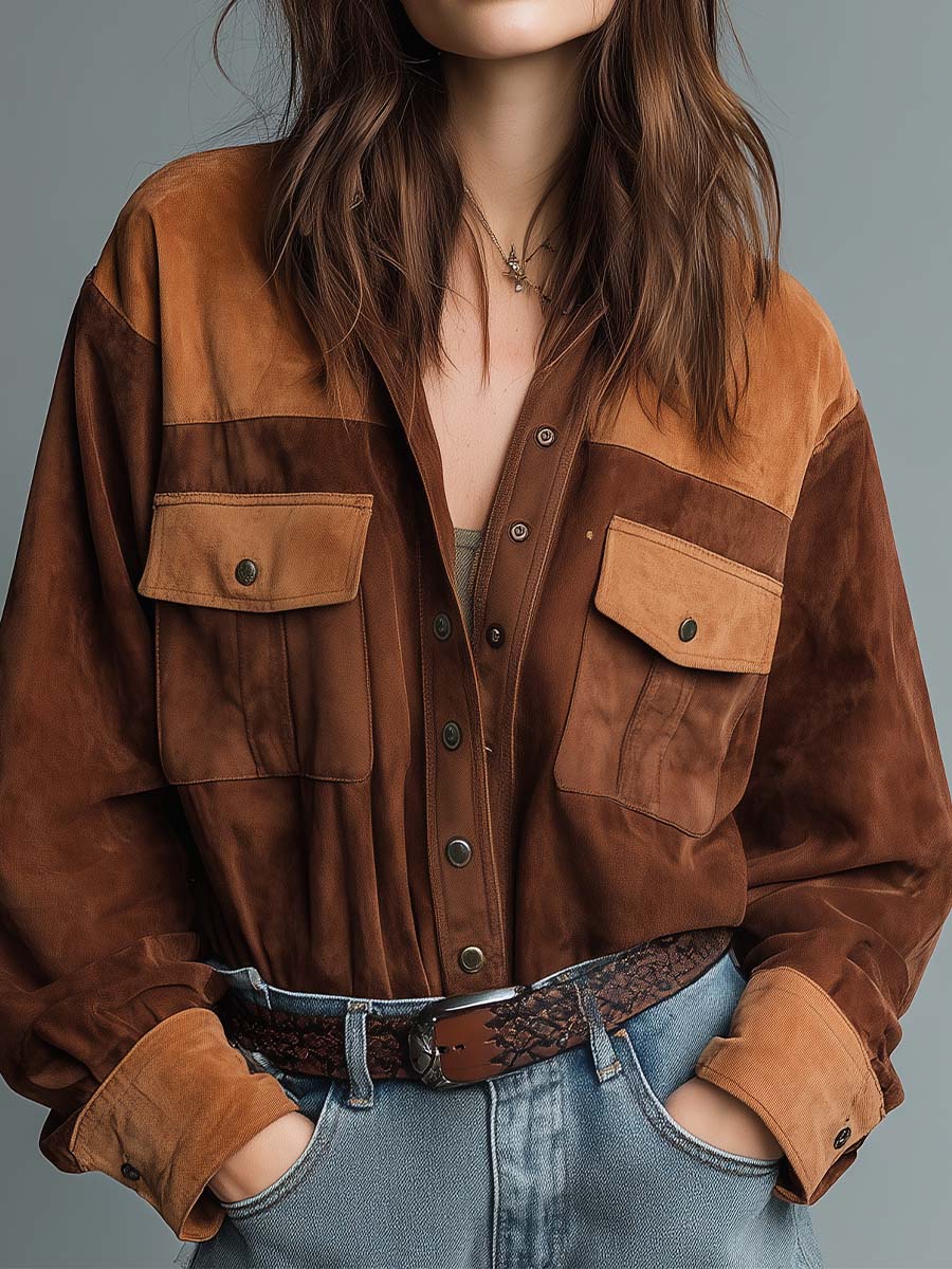 Vintage Suede Patchwork Shirt – Two-Tone Western Style