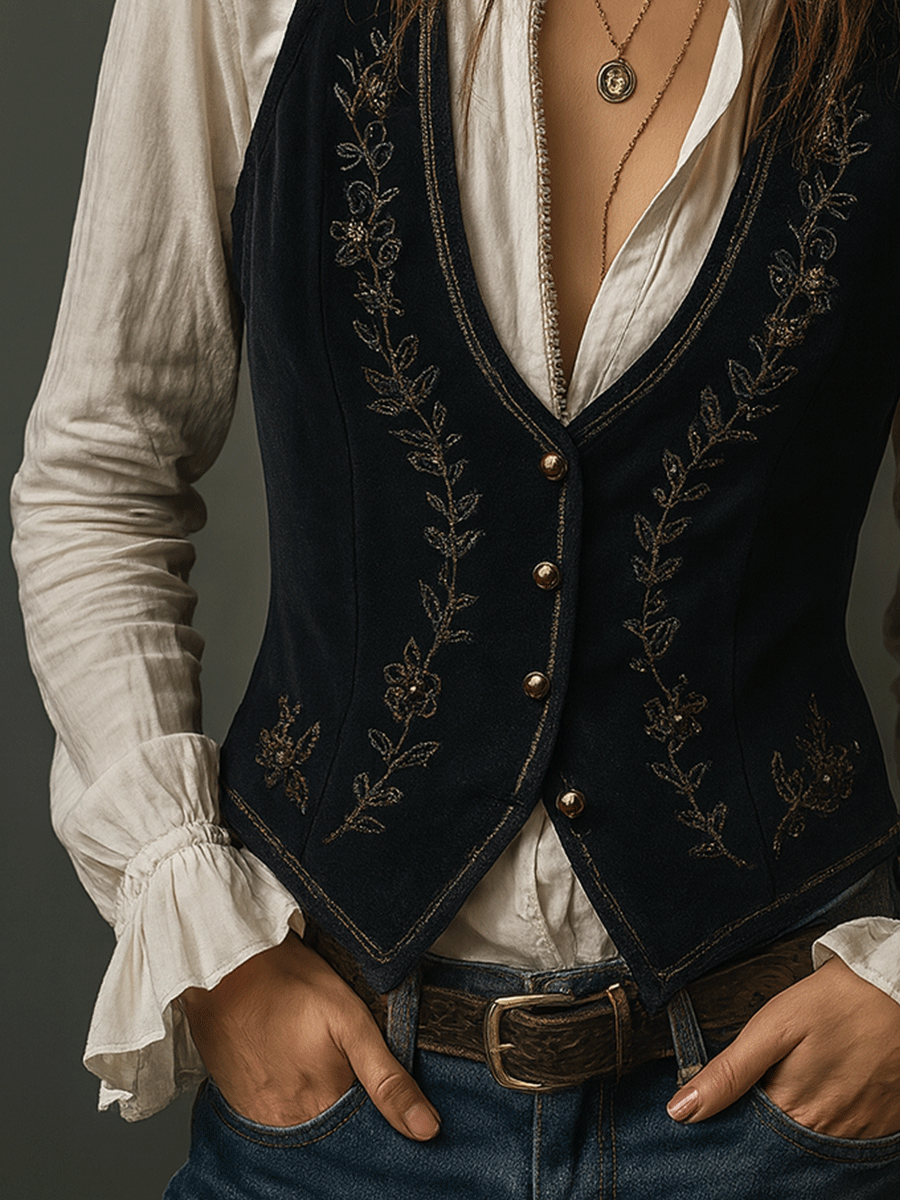 Vintage Black VelvetGold Stitching Waistcoat Vintage Black VelvetGold Stitching Waistcoat