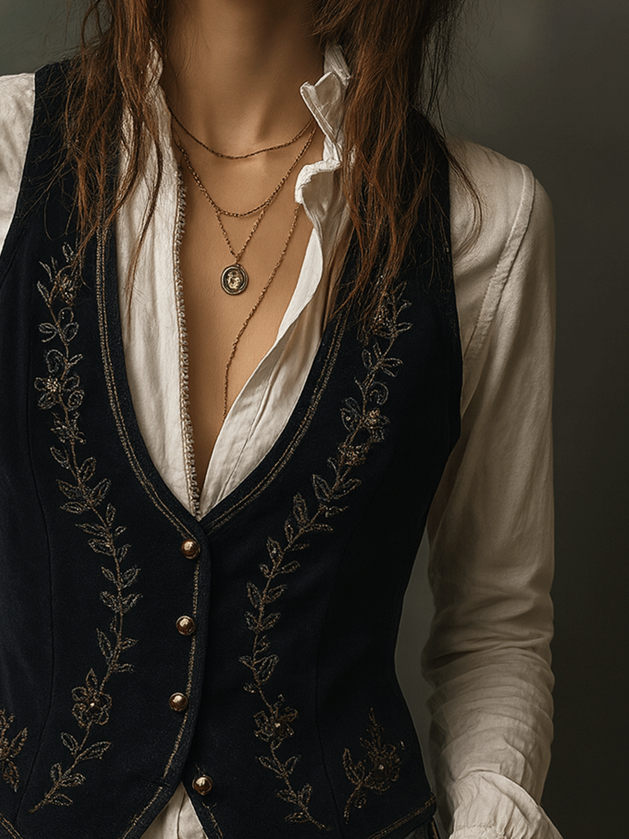 Vintage Black VelvetGold Stitching Waistcoat Vintage Black VelvetGold Stitching Waistcoat